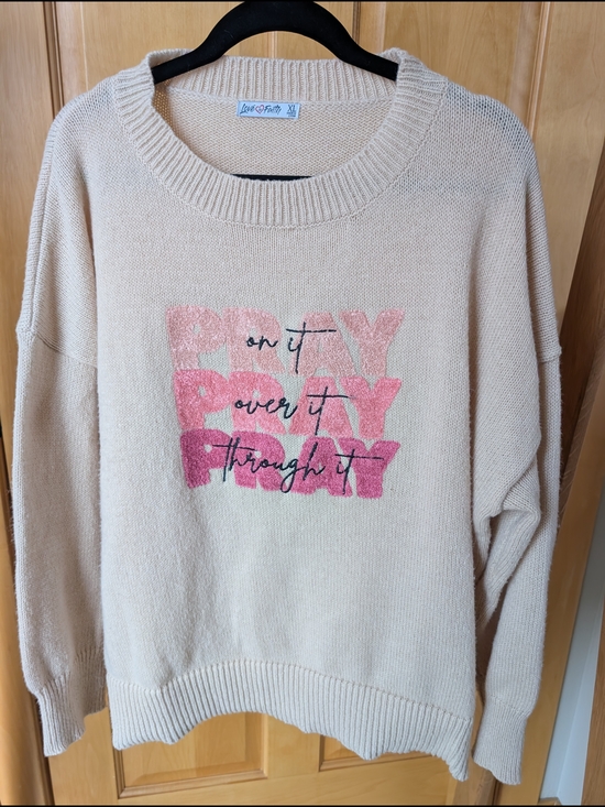 Poetry Sweaters - Love In Faith Light Pink Crewneck Sweater with Pink Ombre 'PRAY' Graphic